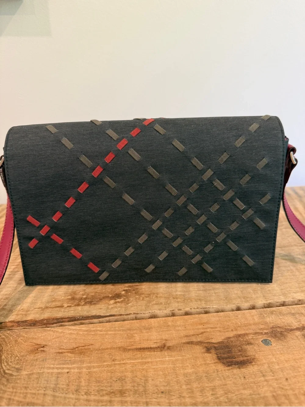 Burberry London Vintage Black Crossbody Bag with Red Accent Strap